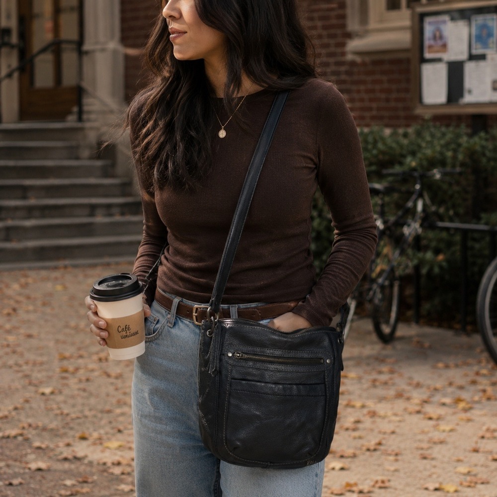 The Sak Y2K Black Pebbled Leather Crossbody Bag Adjustable Strap Multi Pocket